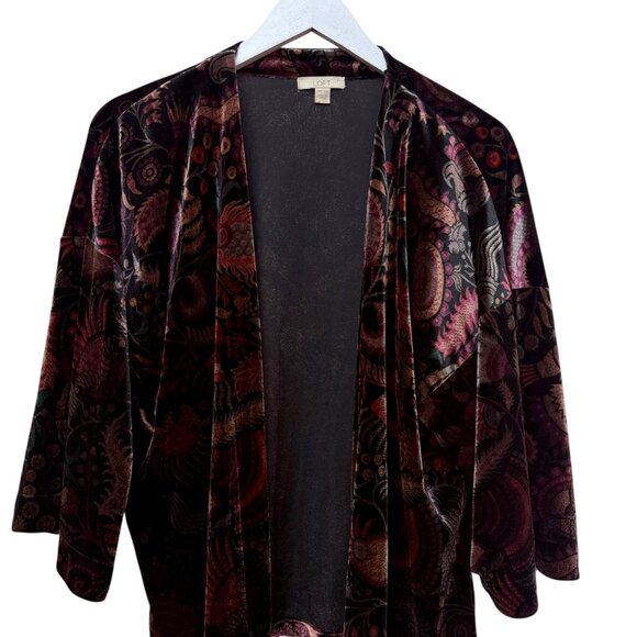 LOFT Velvet Shrug 0/S Black Red Paisley Jacket Stretch Evening Holiday Cardigan - Picture 2 of 9